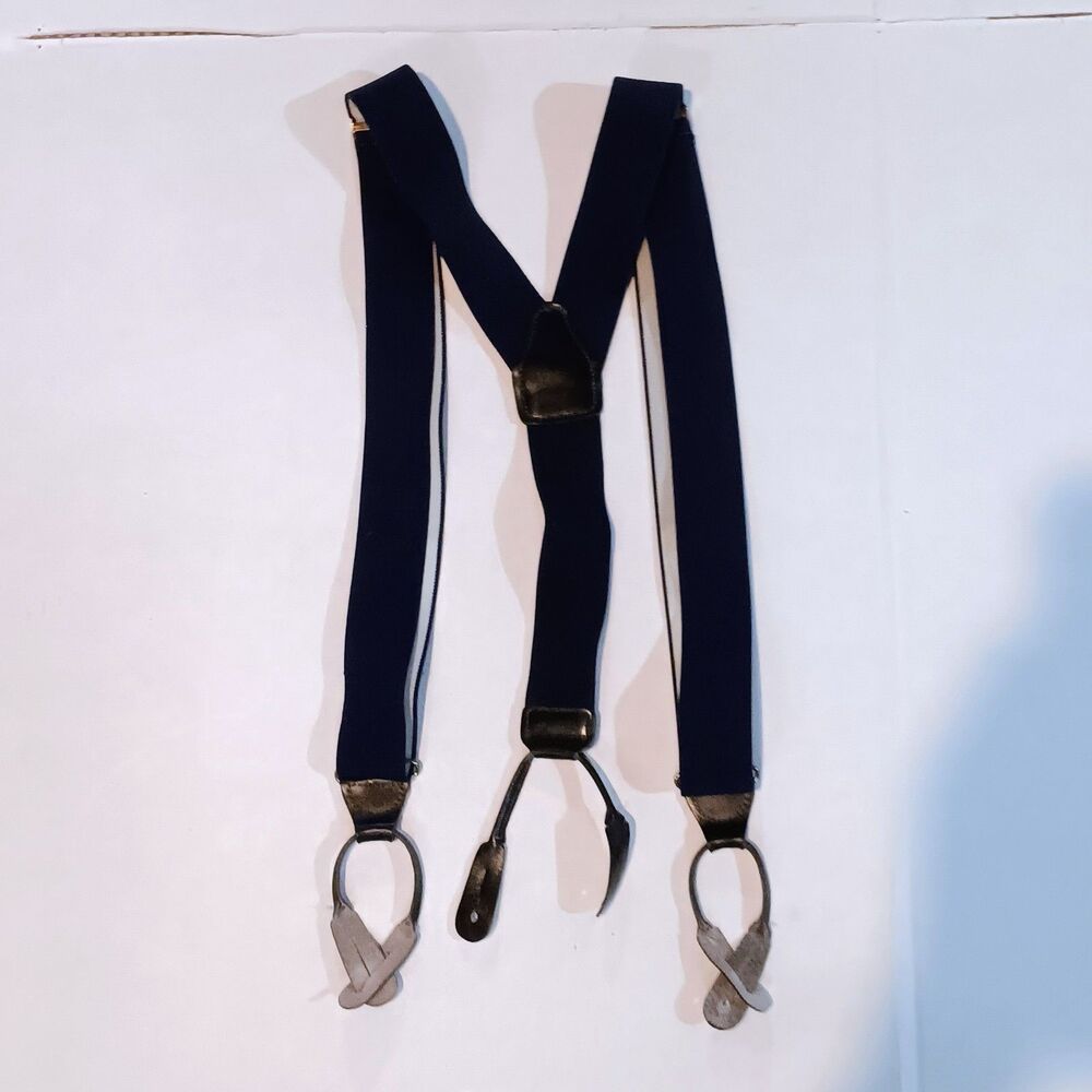 Vtg CAS Elastic Y Back Suspenders-West Germany-Navy-Leather Button Loops
